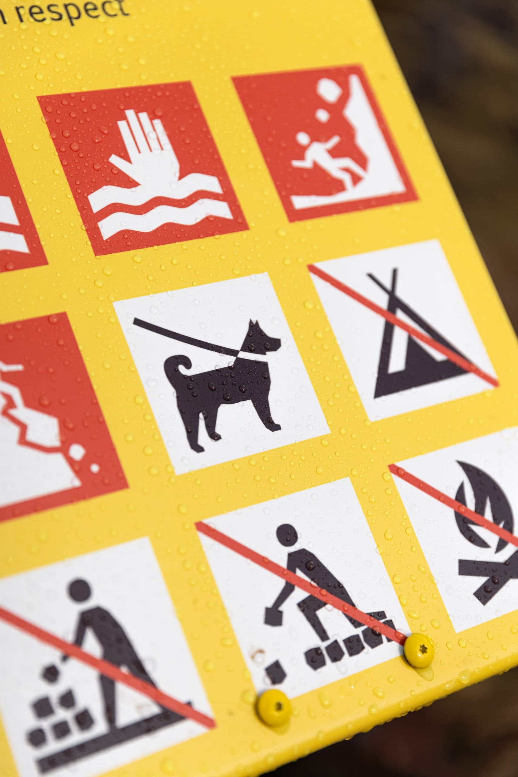 Nærmynd af öryggismerkingu, sem inniheldur hættu myndmerki auk þjónustumerkja