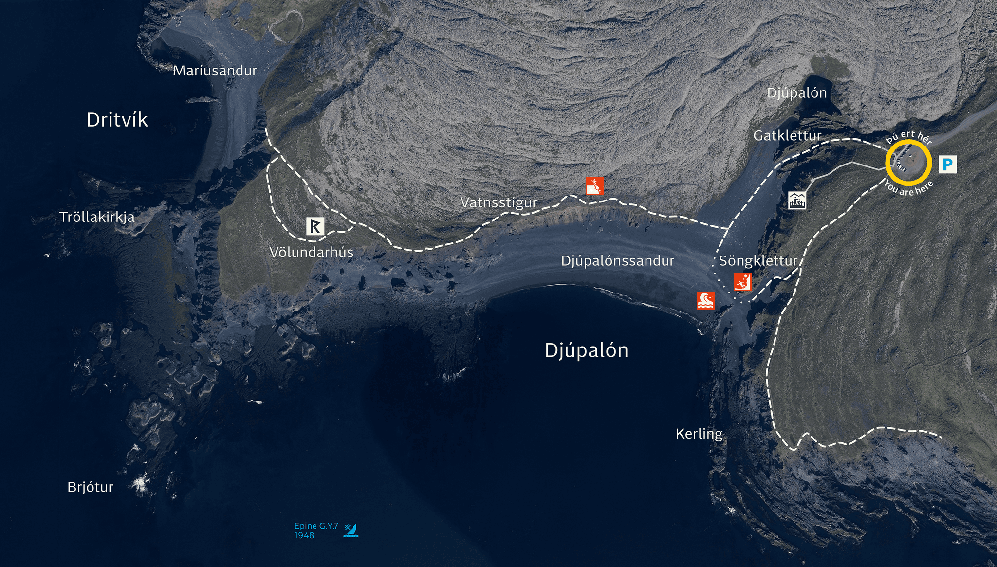 Loftmynd frá Djúpalóni, með grafík